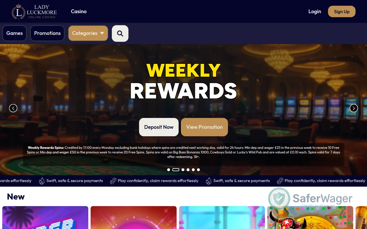 Screenshot of Lady Luckmore Casino website