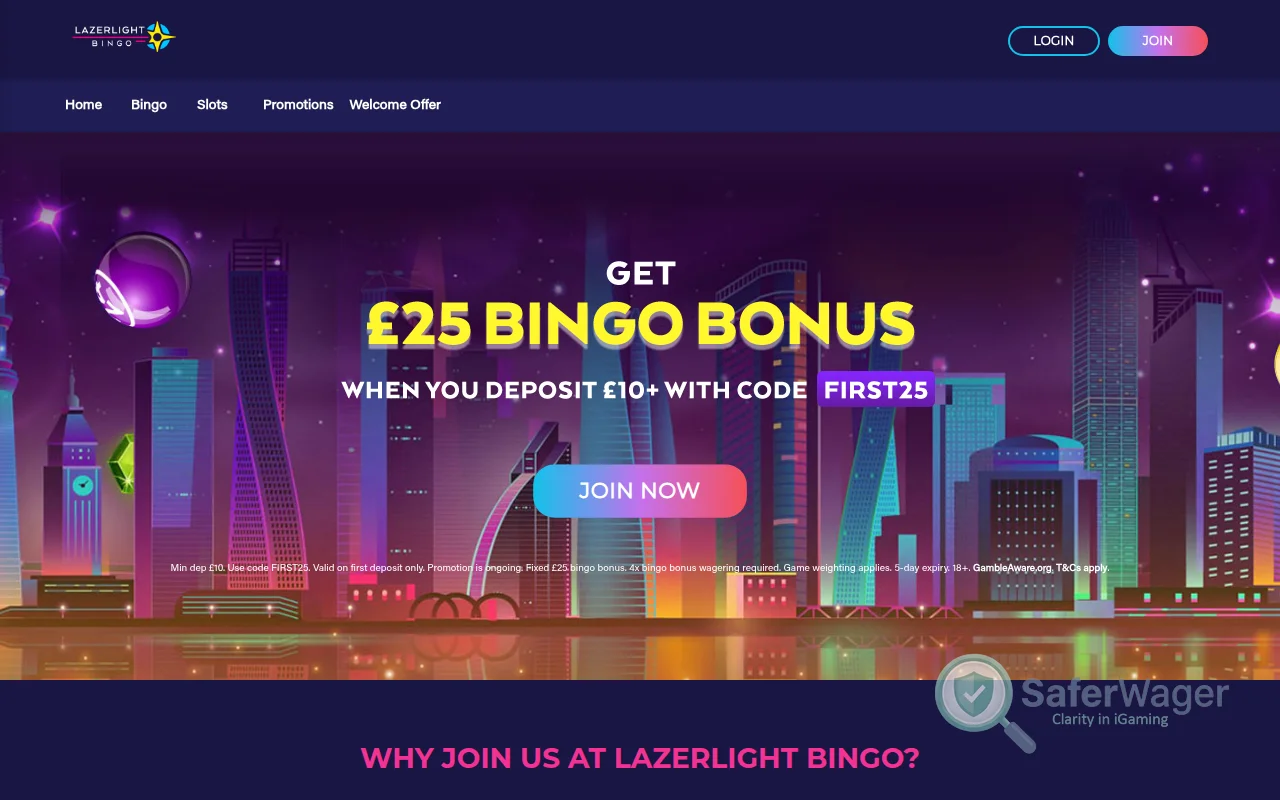 Screenshot of Lazerlight Bingo website