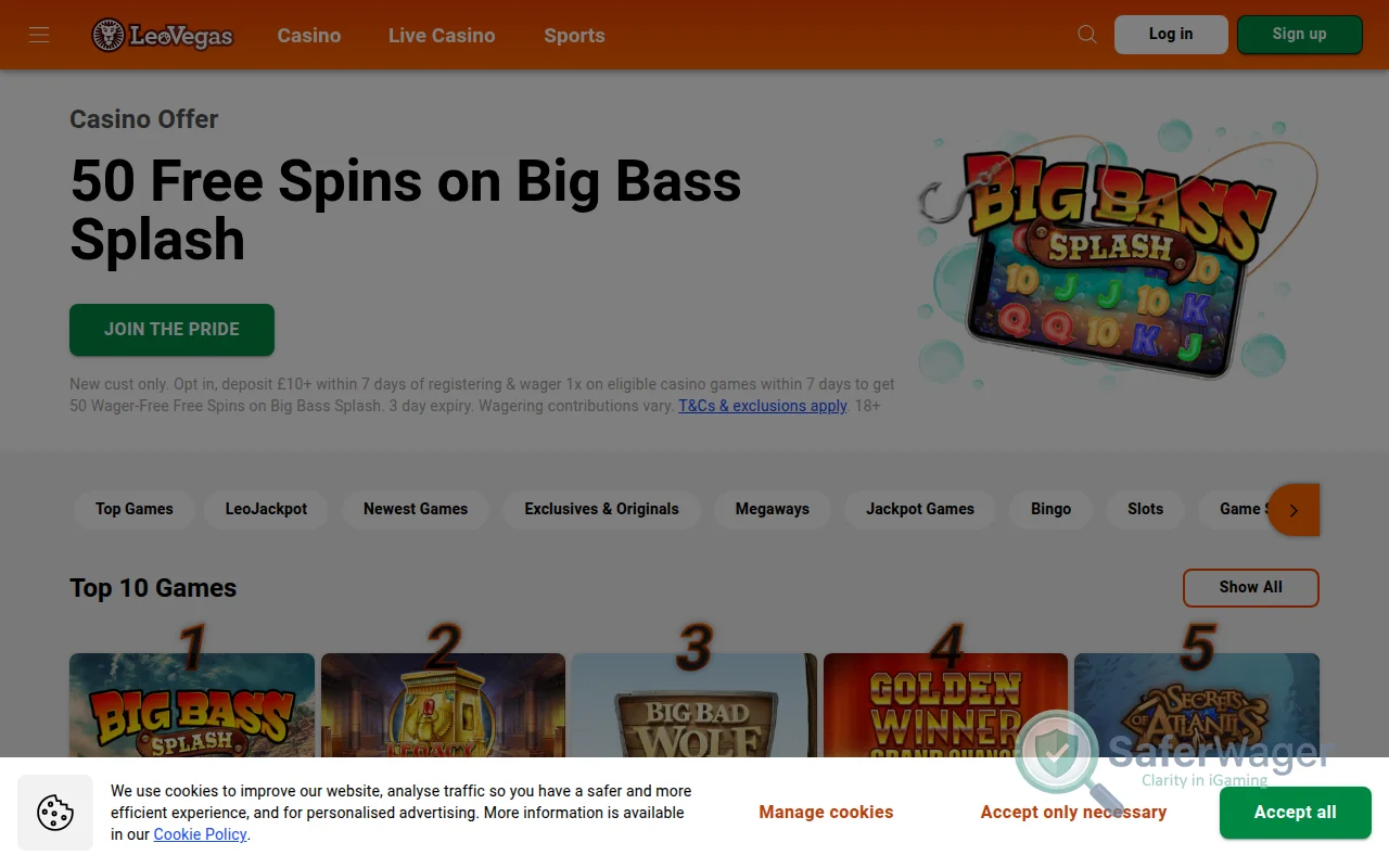 Screenshot of LeoVegas UK website