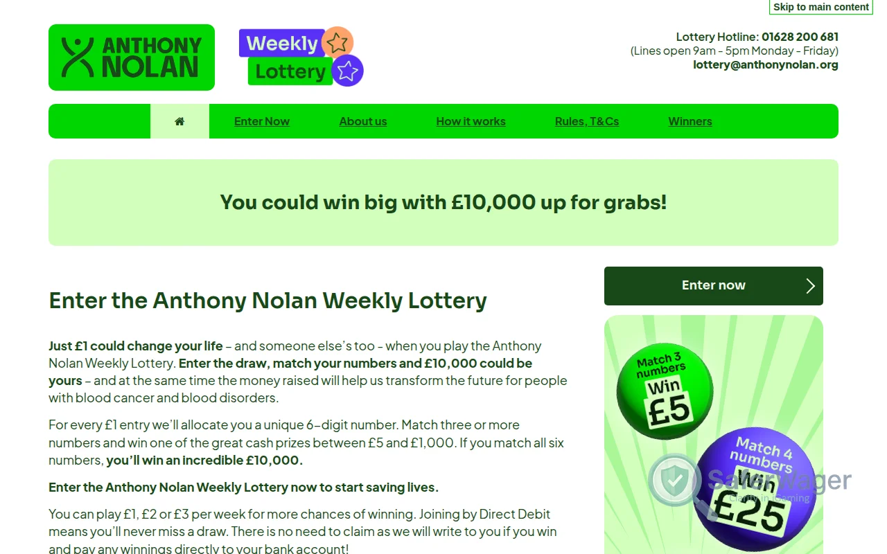 Screenshot of Anthony Nolan Weekly Lottery website