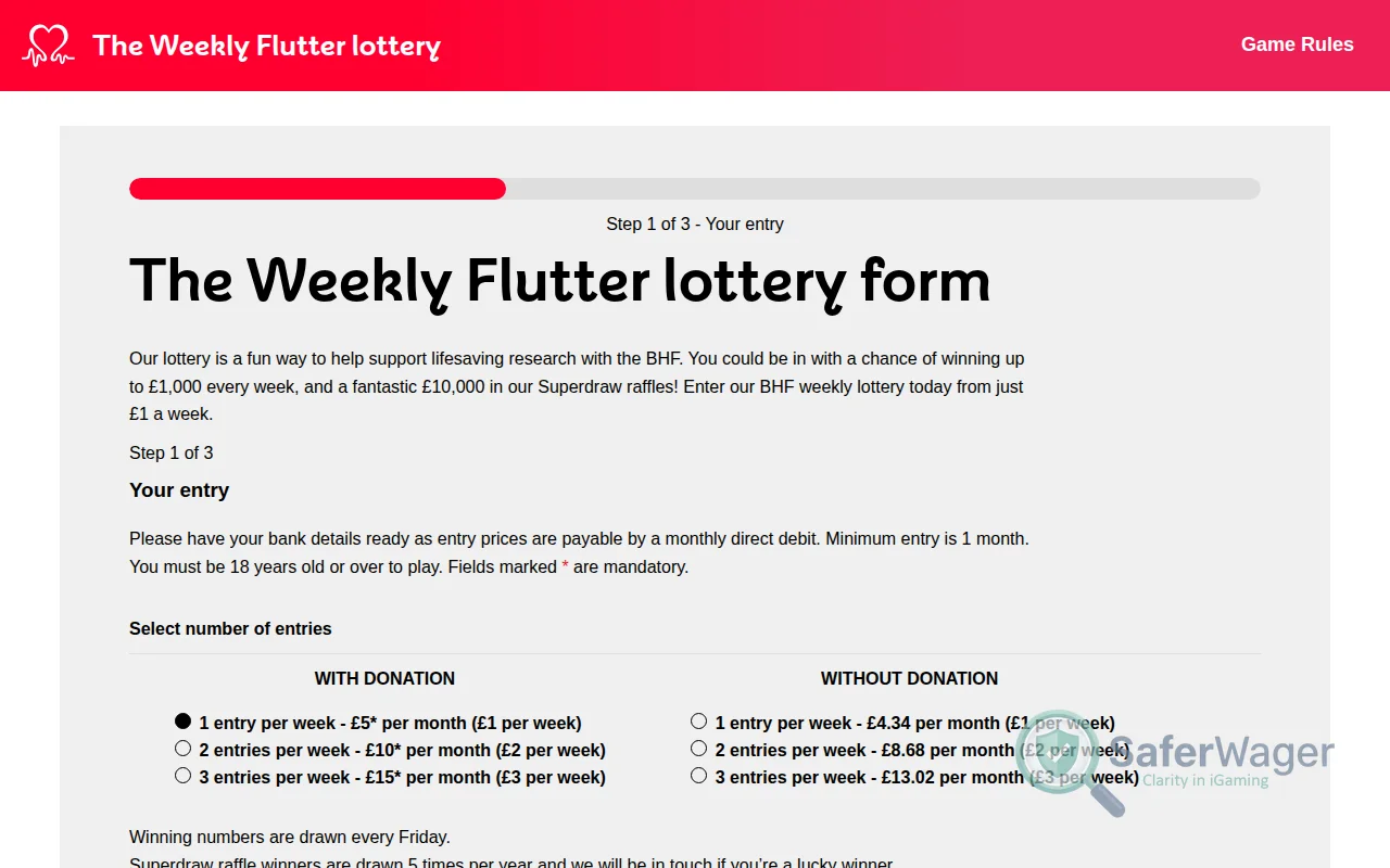 Screenshot of BHF Lottery website
