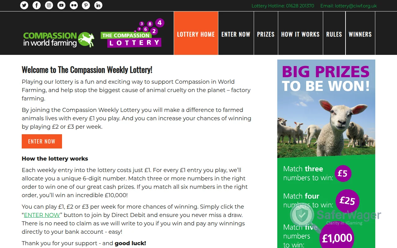 Screenshot of CIWF Lottery website