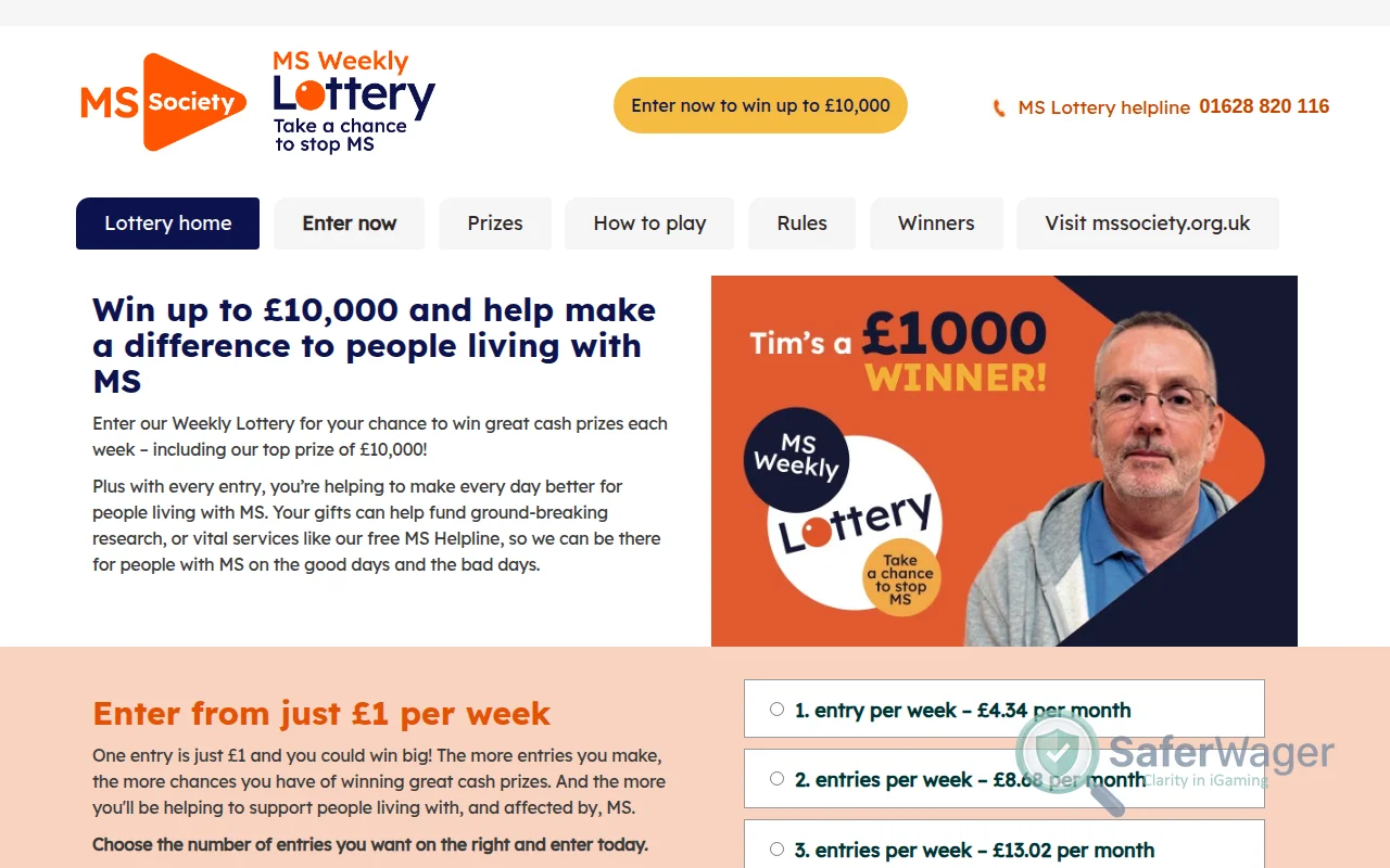 Screenshot of MS Society Weekly Lottery website