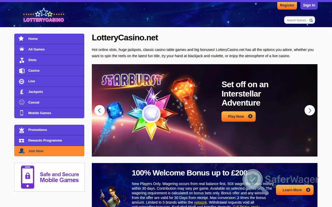Screenshot of Lottery Casino website