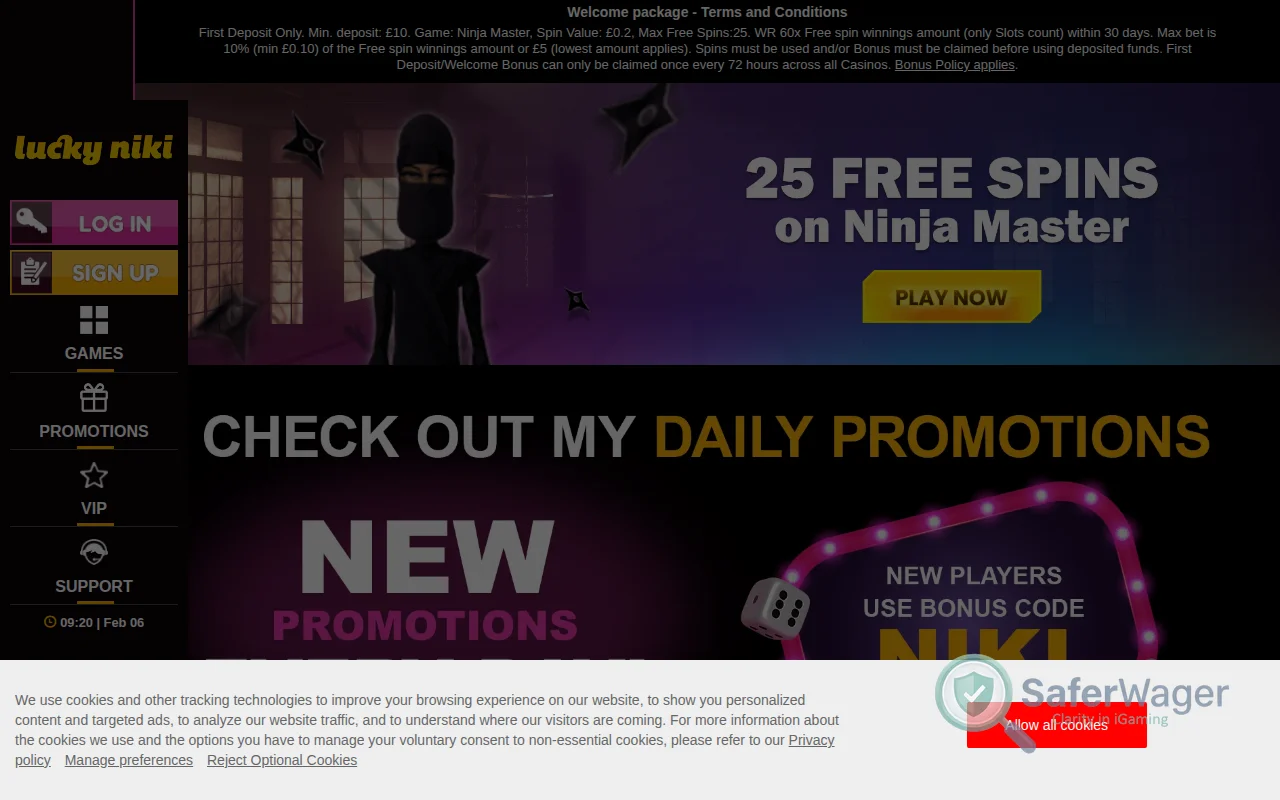 Screenshot of LuckyNiki Casino website