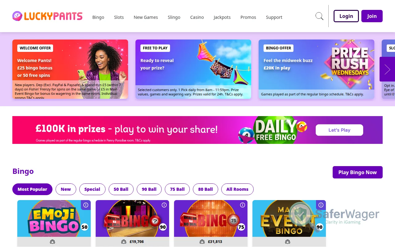 Screenshot of Lucky Pants Bingo website