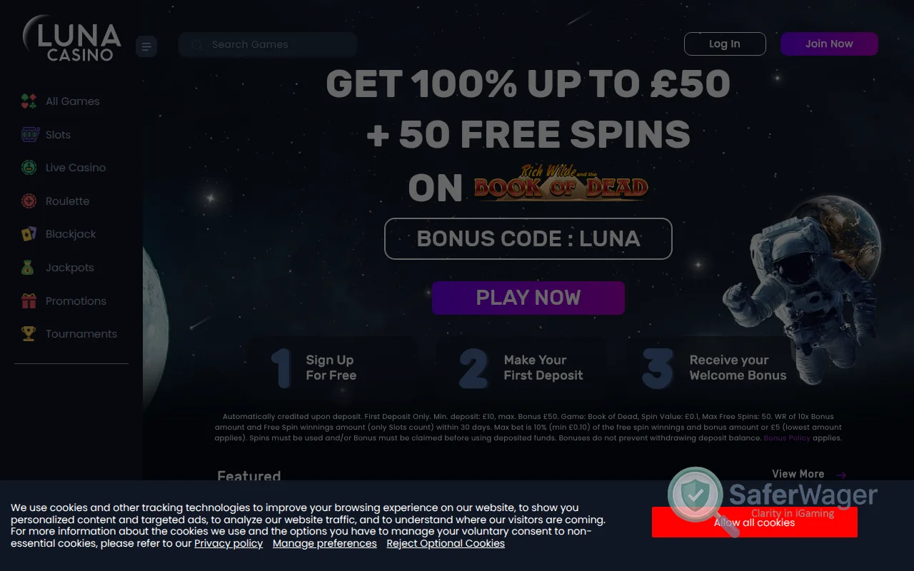 Screenshot of Luna Casino website