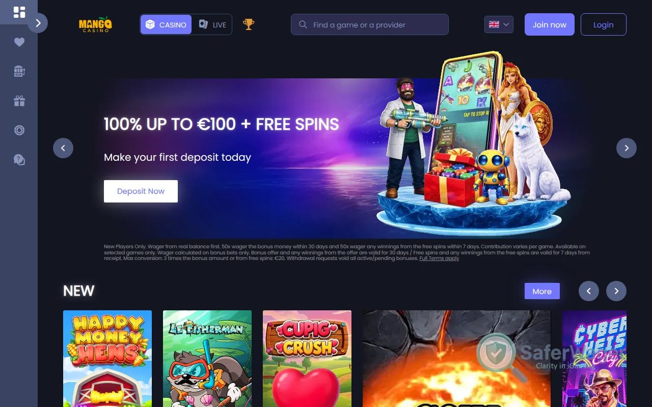 Screenshot of Mango Casino website
