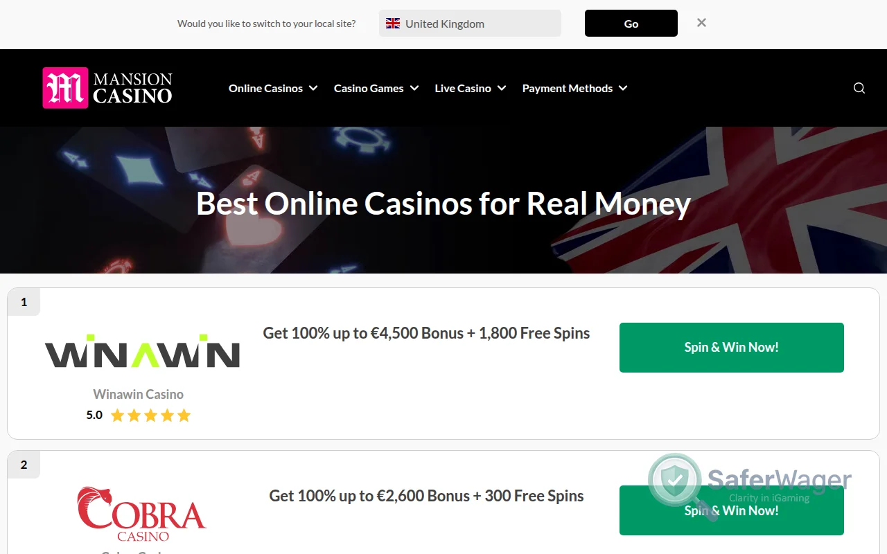 Screenshot of Mansion Casino website