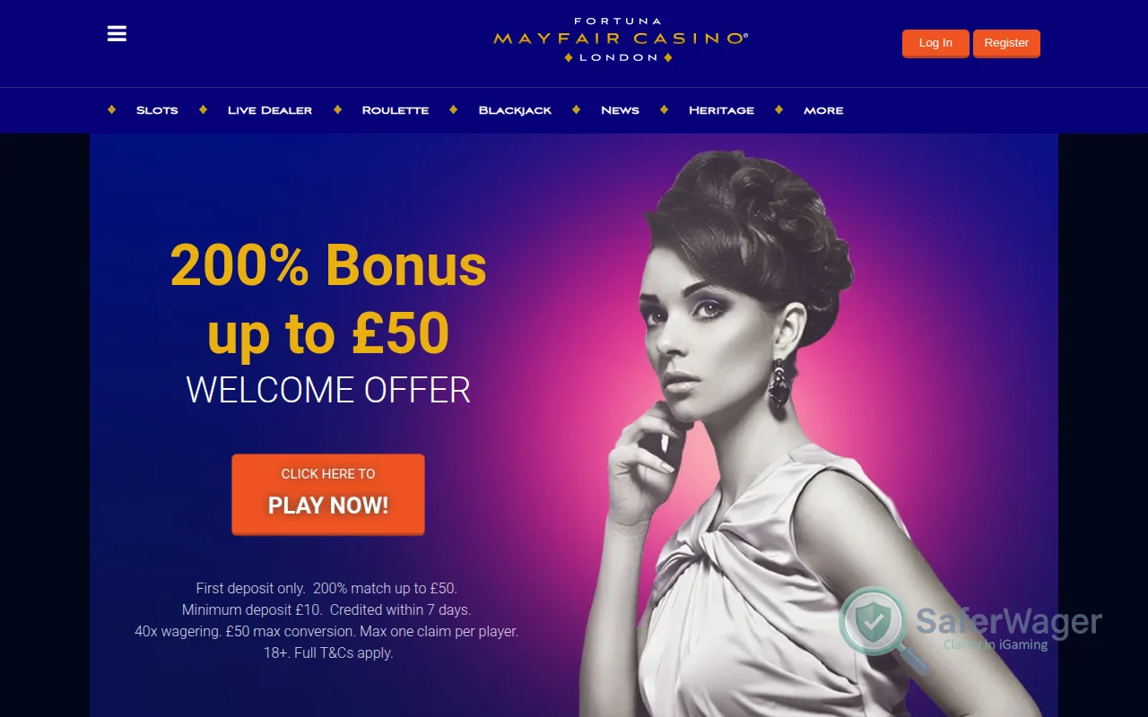 Screenshot of Mayfair Casino website