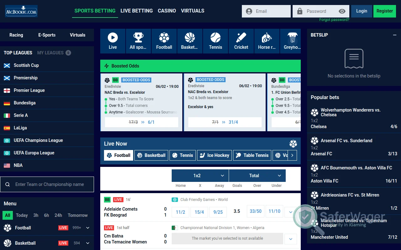 Screenshot of McBookie website
