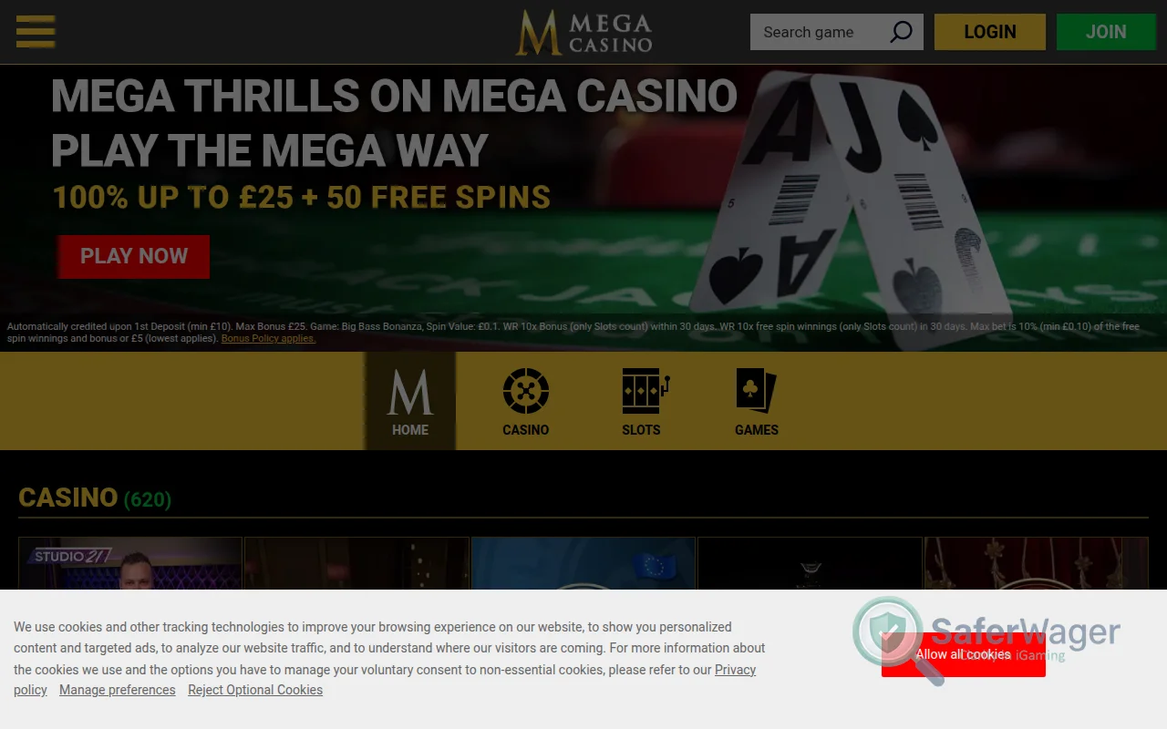 Screenshot of Mega Casino website