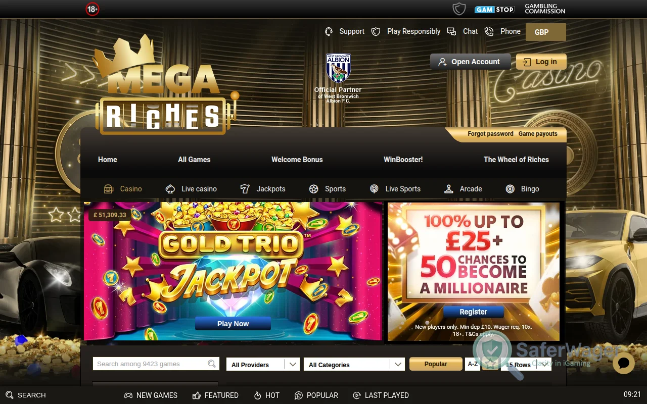 Screenshot of Mega Riches Casino website