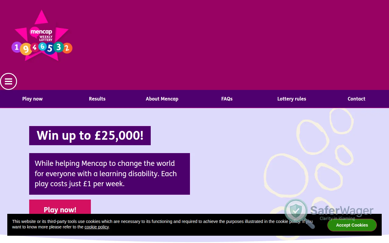 Screenshot of Mencap Charity Lotteries website