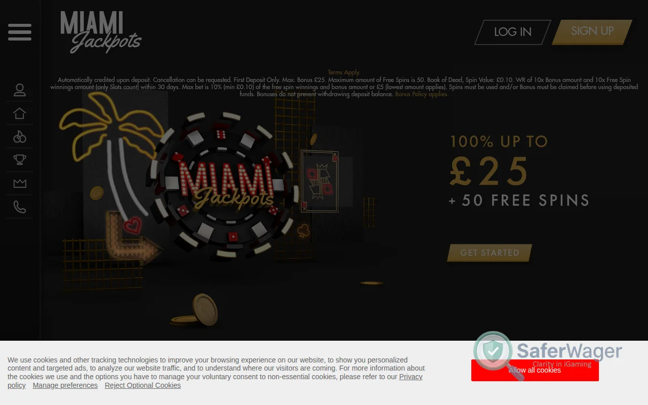 Screenshot of Miami Jackpots website