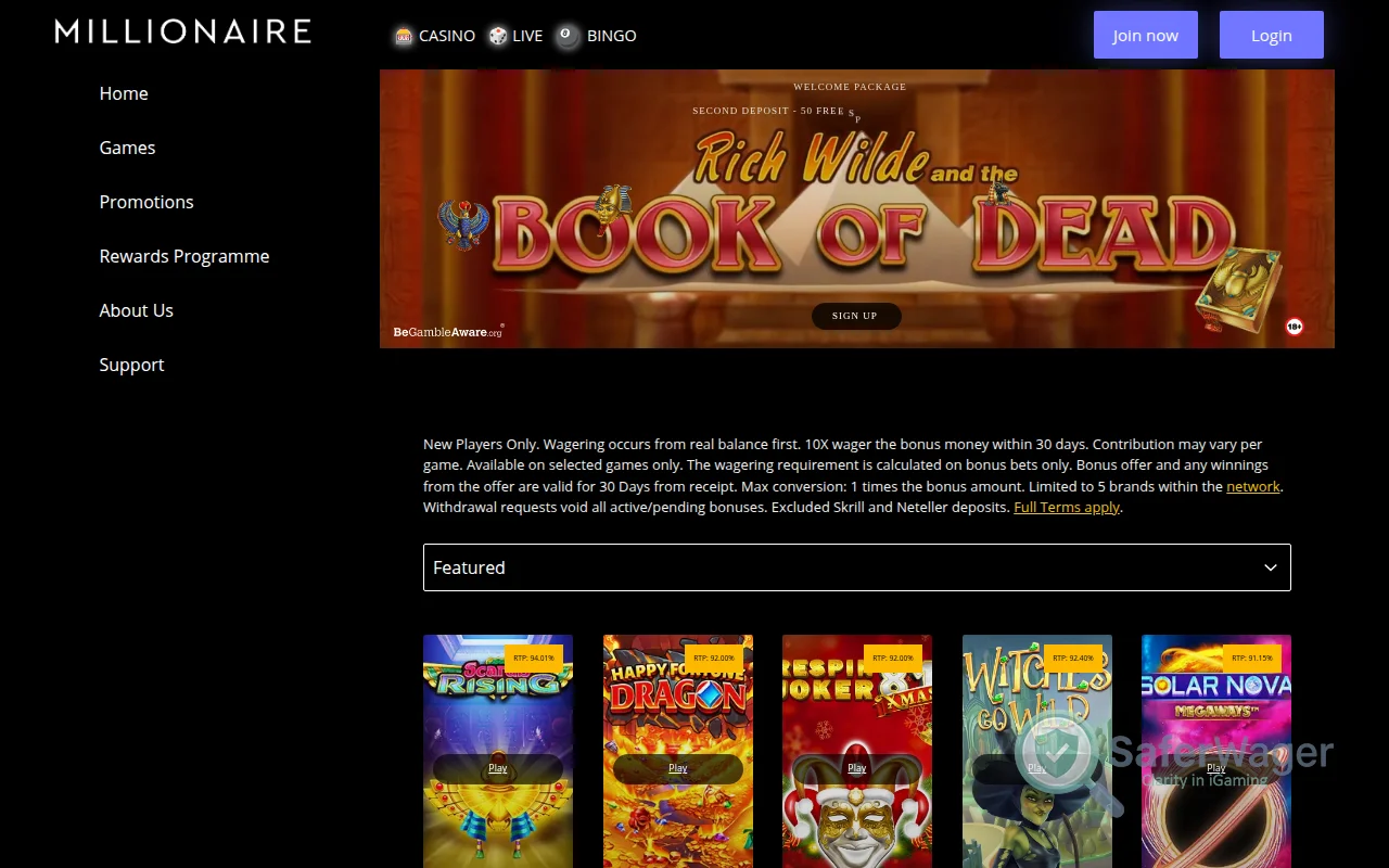 Screenshot of Millionaire Casino website