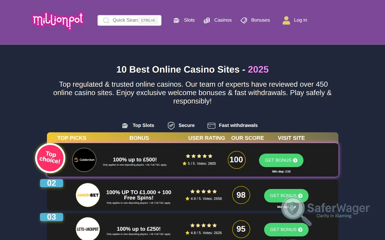 Screenshot of MillionPot Casino website