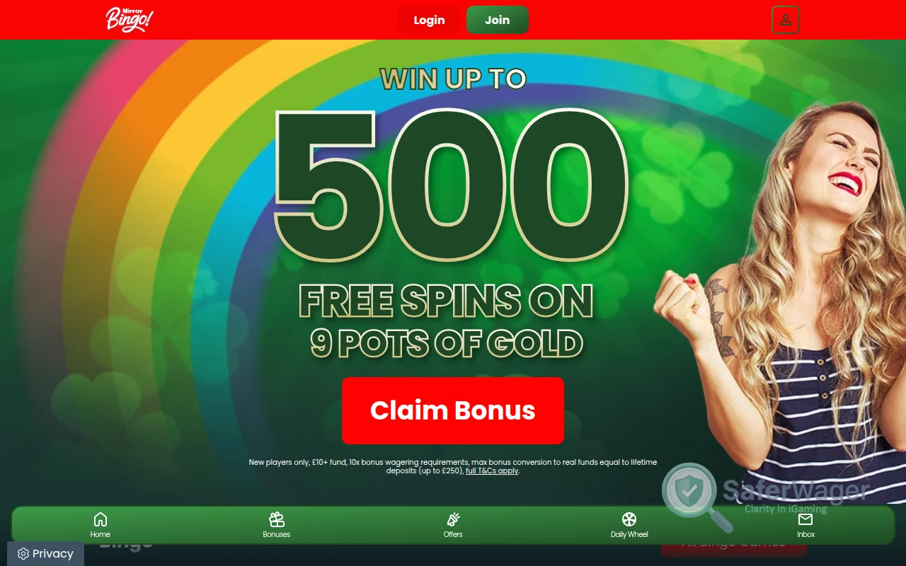 Screenshot of Mirror Bingo website