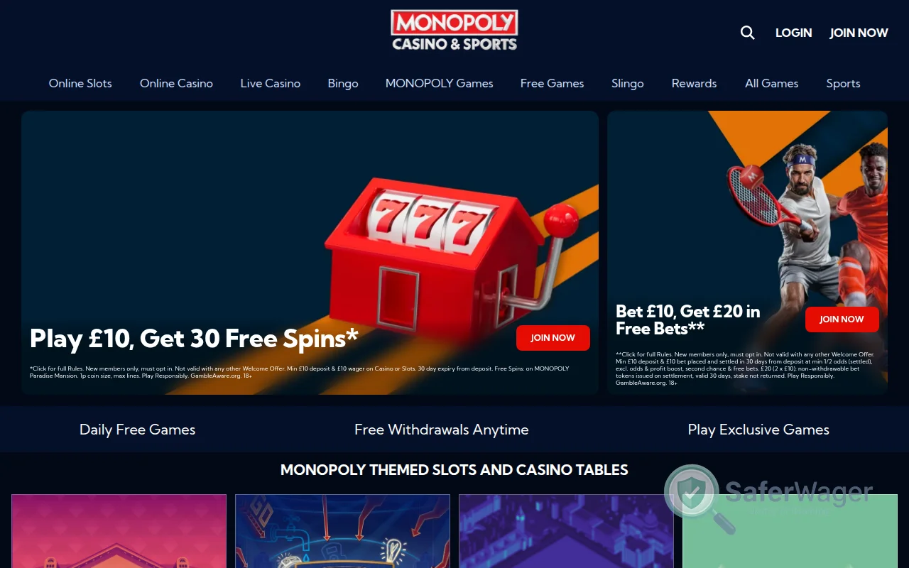 Screenshot of Monopoly Casino website