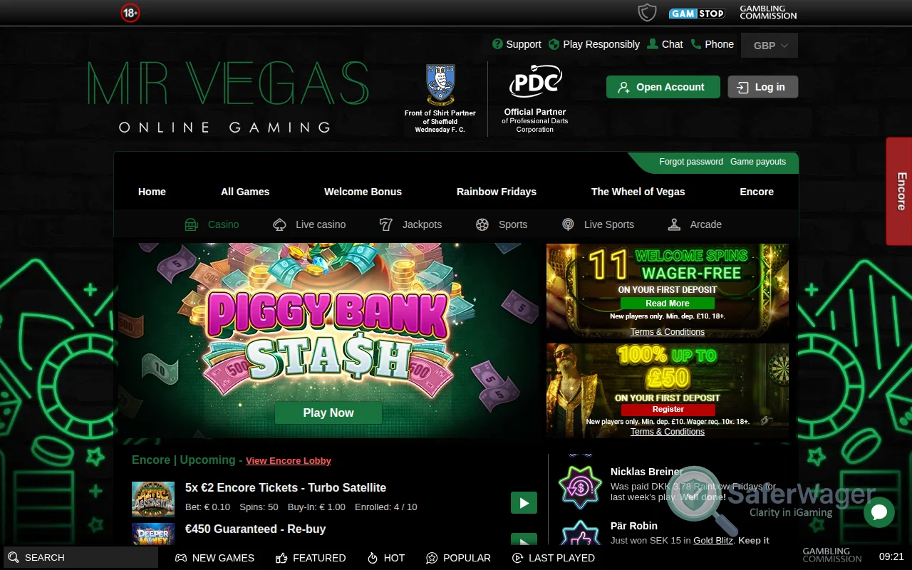 Screenshot of Mr Vegas website