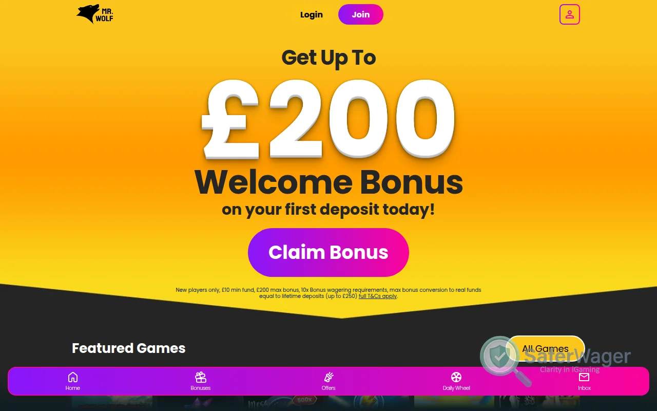 Screenshot of Mr Wolf Slots website