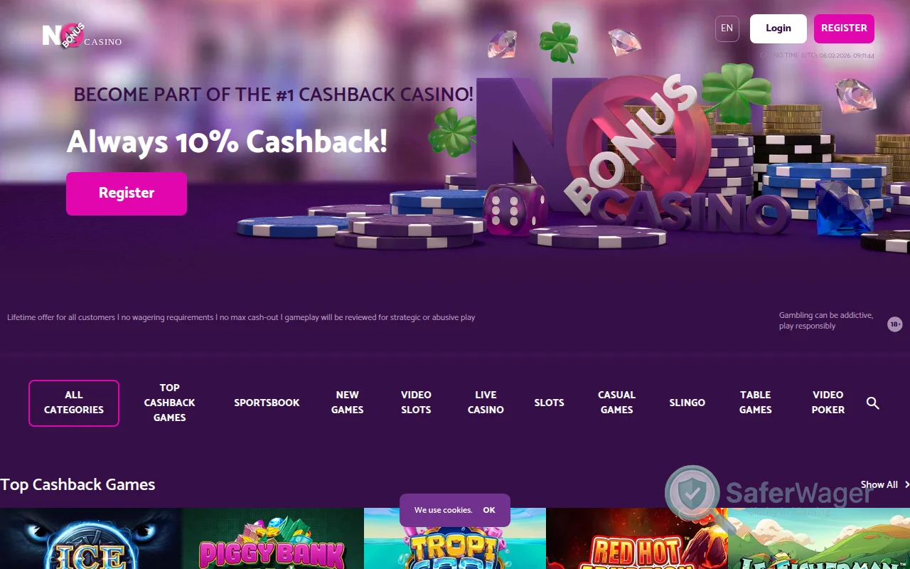 Screenshot of No Bonus Casino website