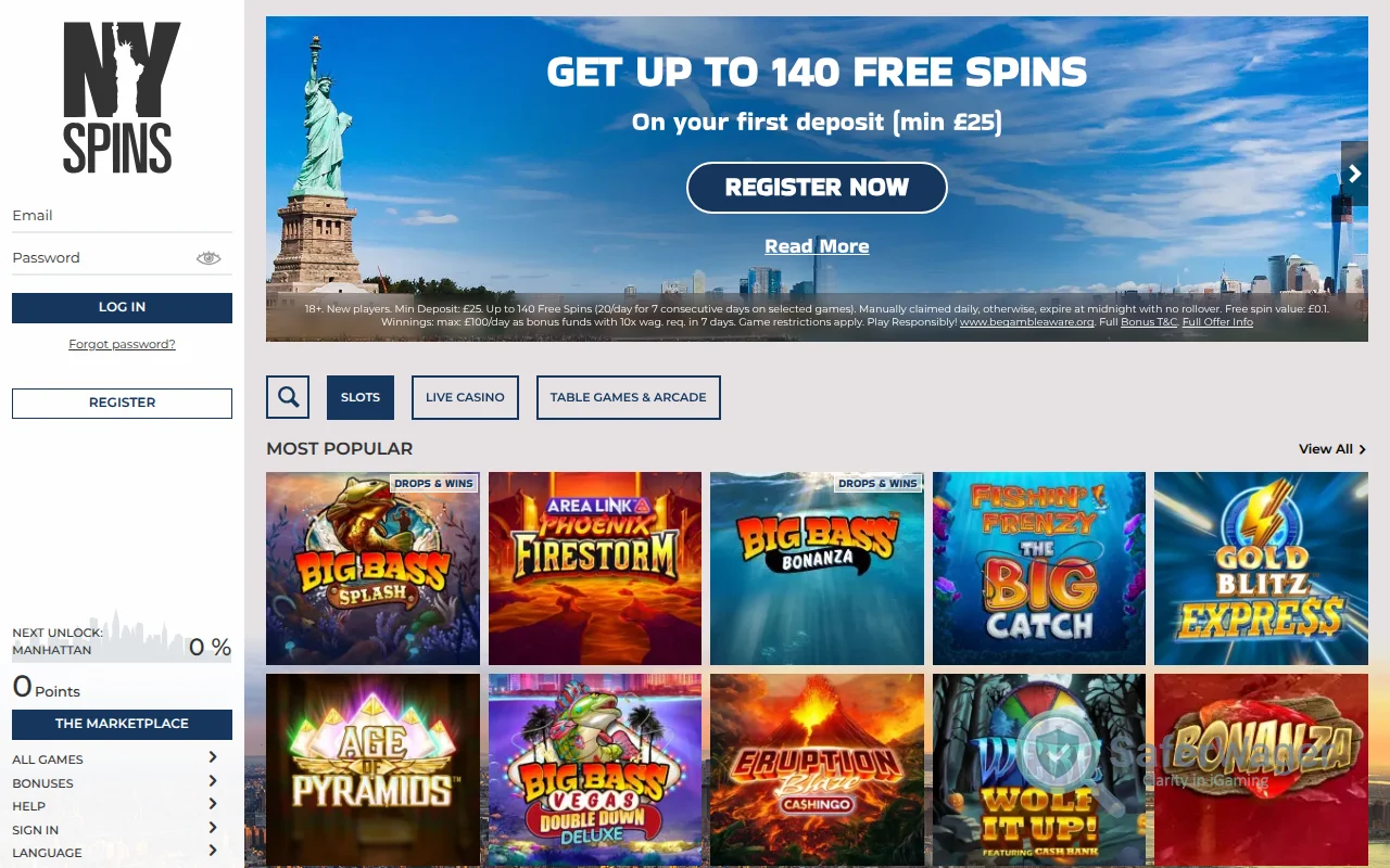 Screenshot of NYSpins Casino website