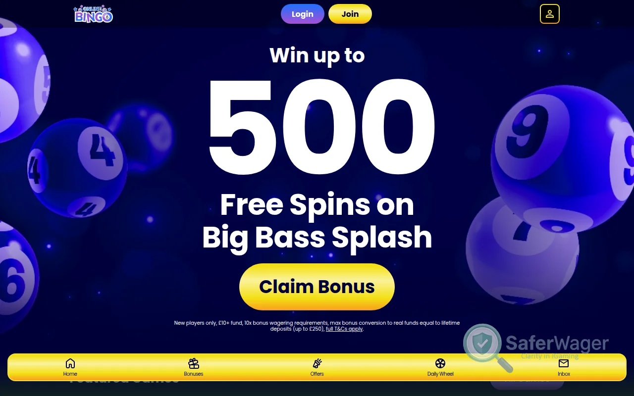 Screenshot of Online Bingo website