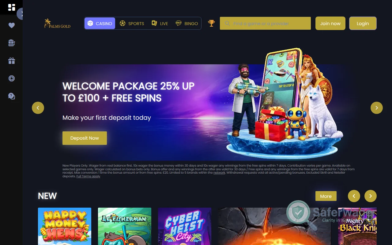 Screenshot of Palms Gold website