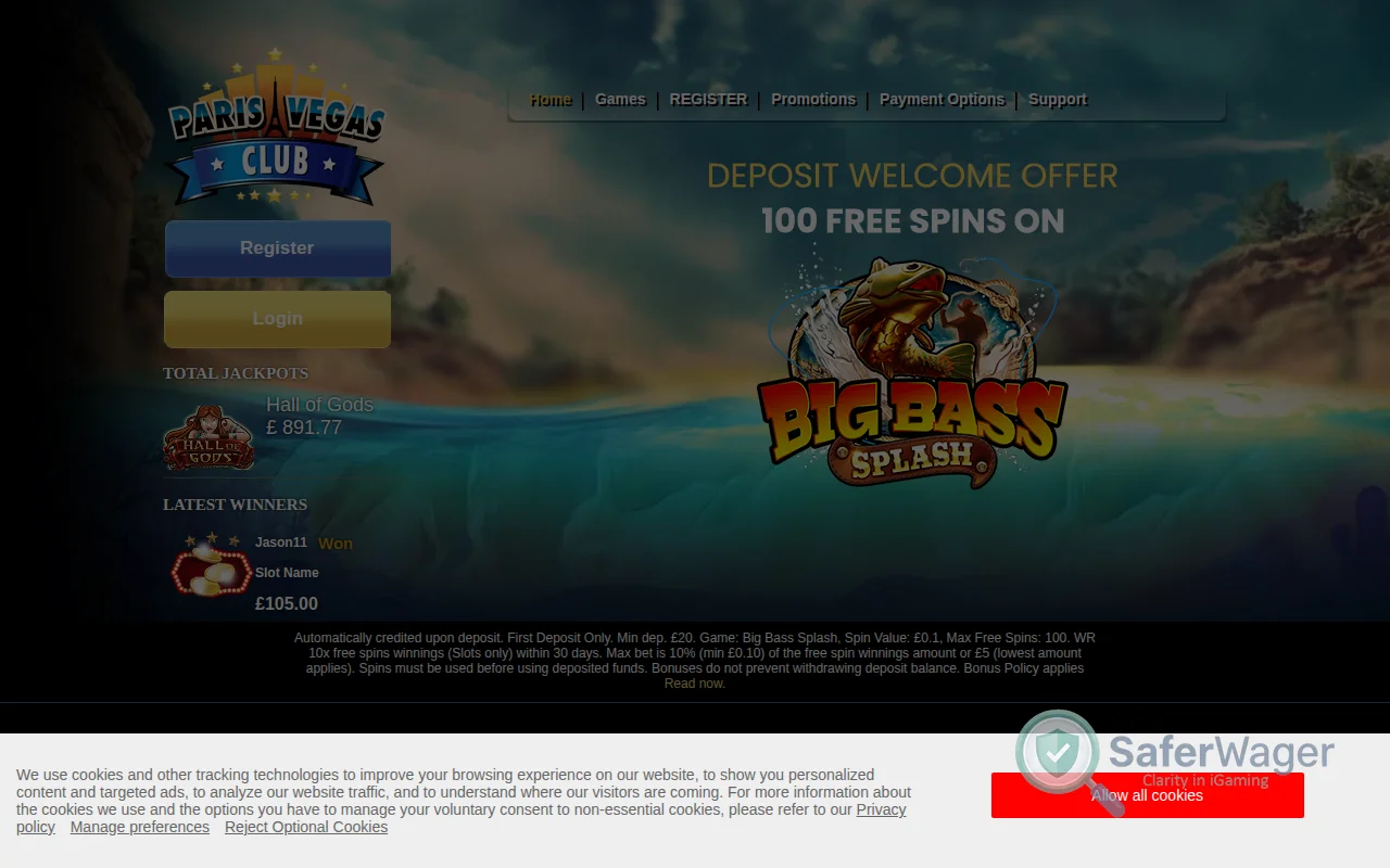 Screenshot of Paris Vegas Club website