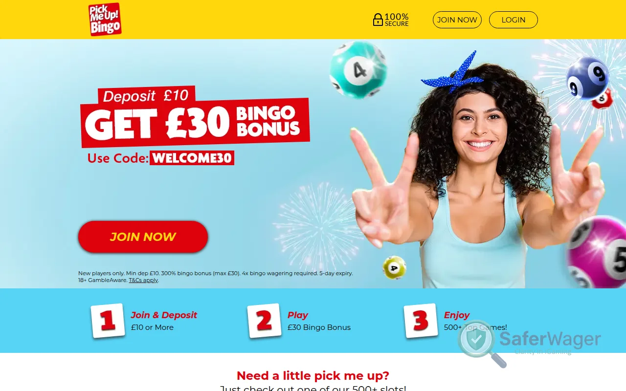 Screenshot of Pick Me Up Bingo website