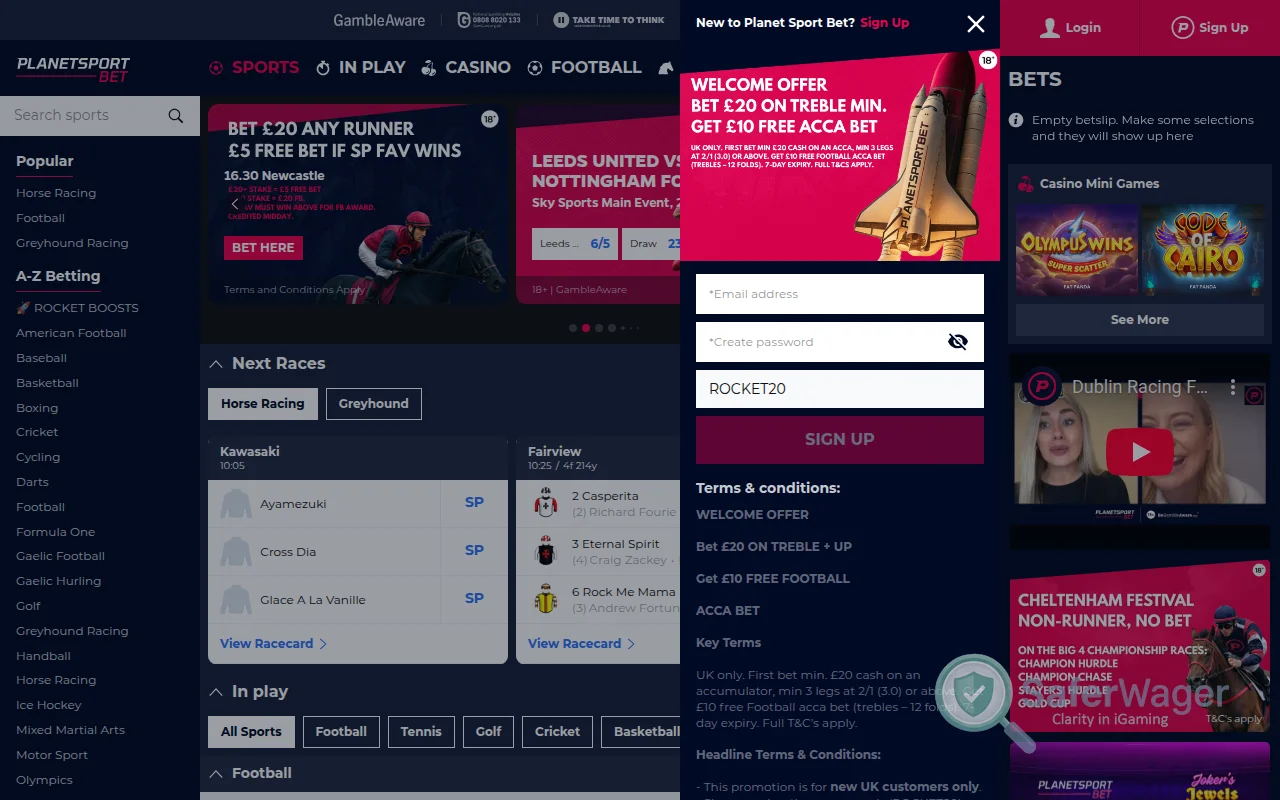 Screenshot of Planet Sport Bet website