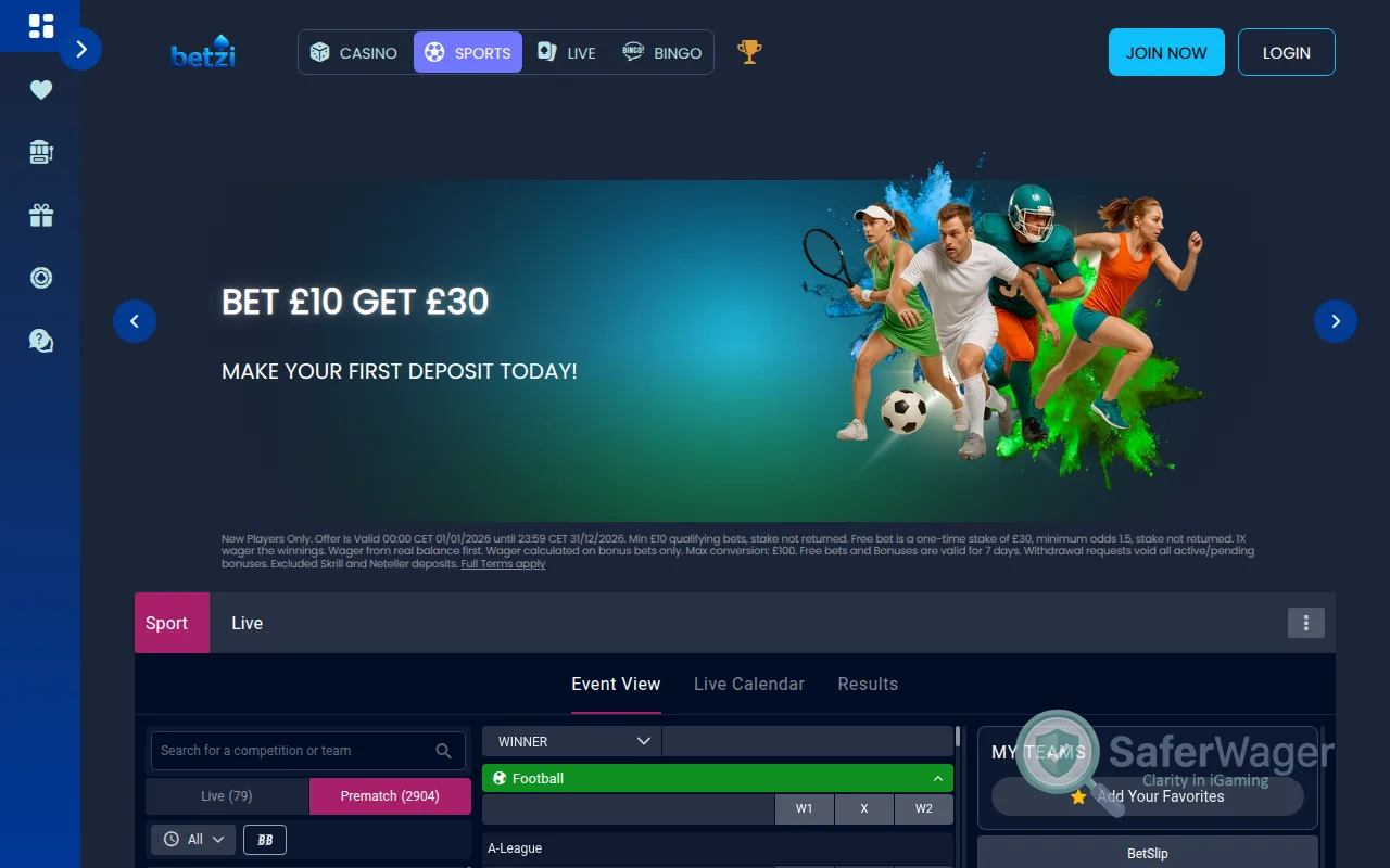 Screenshot of Betzi website