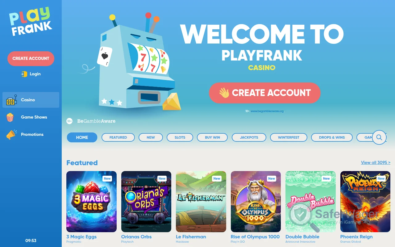 Screenshot of Playfrank Casino website