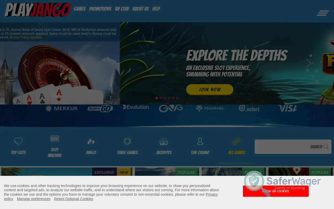 Screenshot of PlayJango website