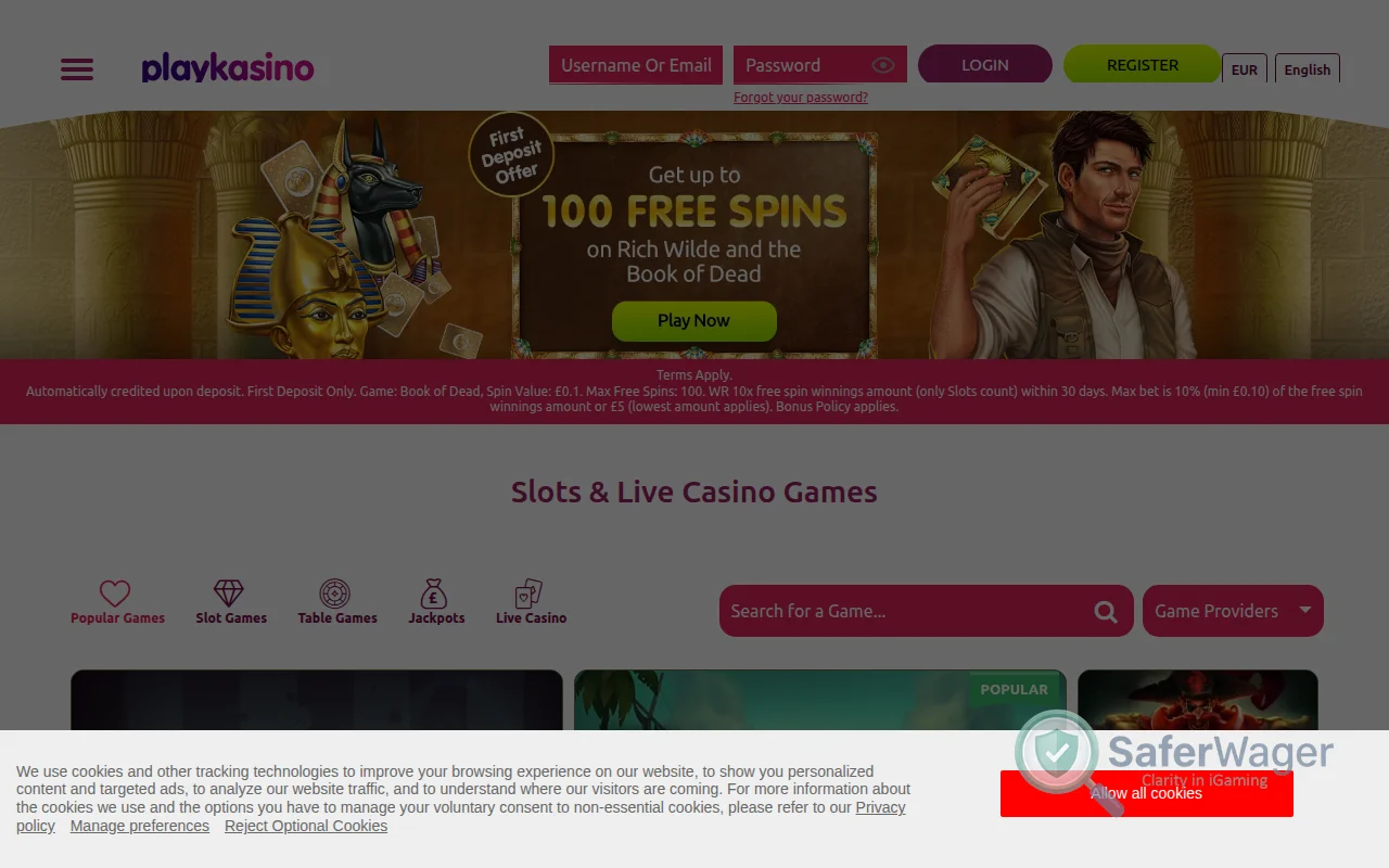 Screenshot of PlayKasino website