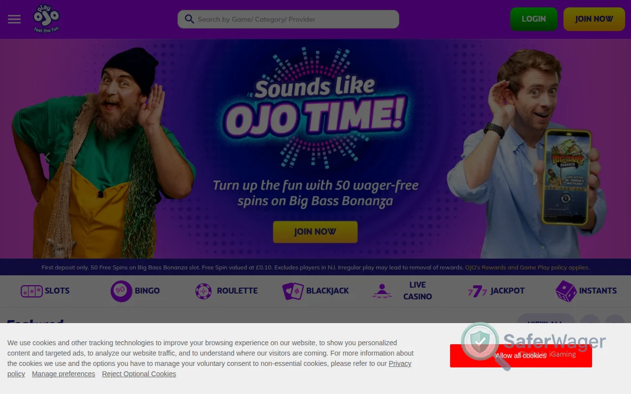 Screenshot of PlayOJO website