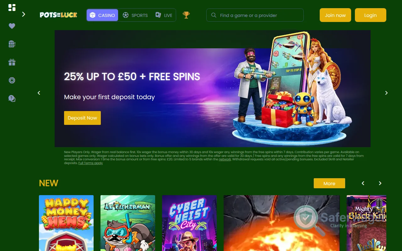 Screenshot of Pots of Luck website