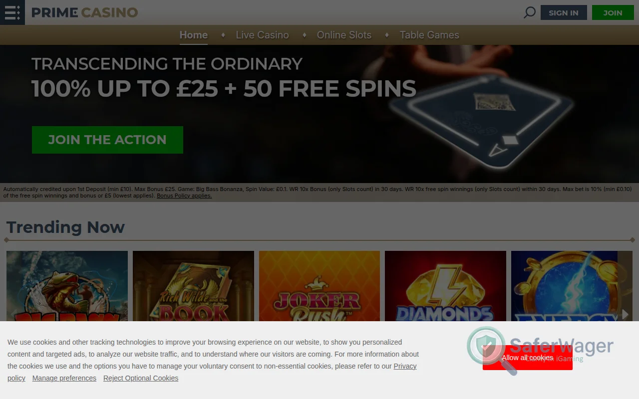 Screenshot of Prime Casino website