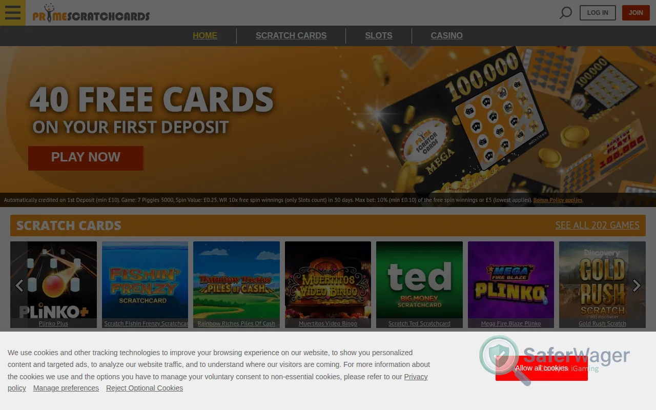 Screenshot of Prime ScratchCards website