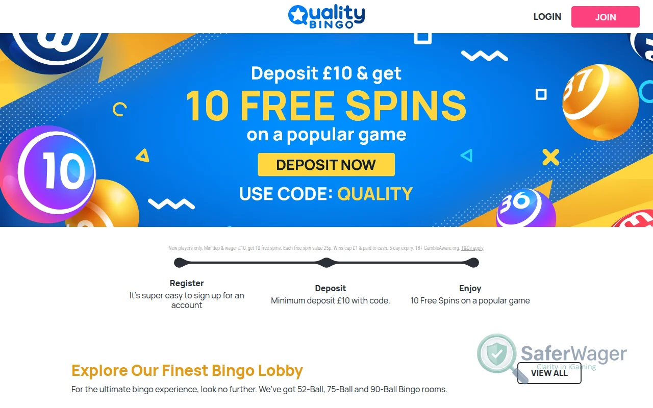 Screenshot of Quality Bingo website