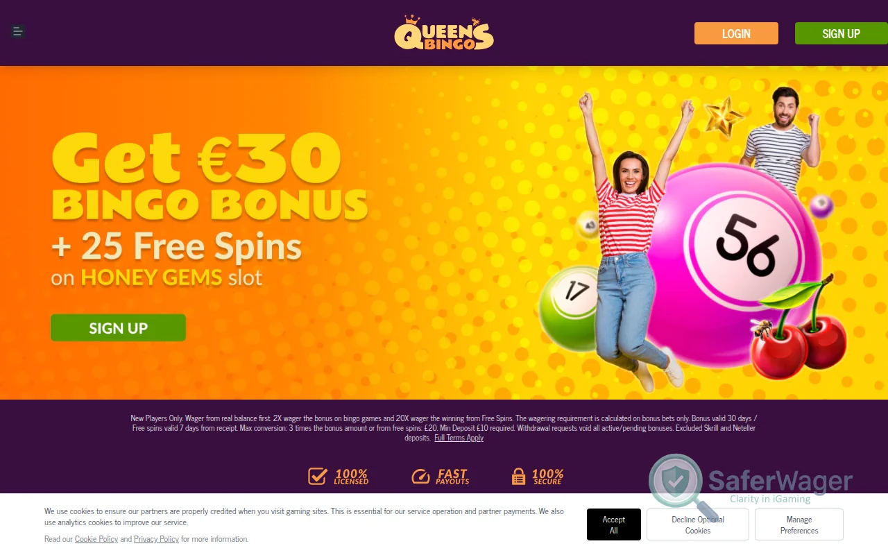 Screenshot of Queen's Bingo website