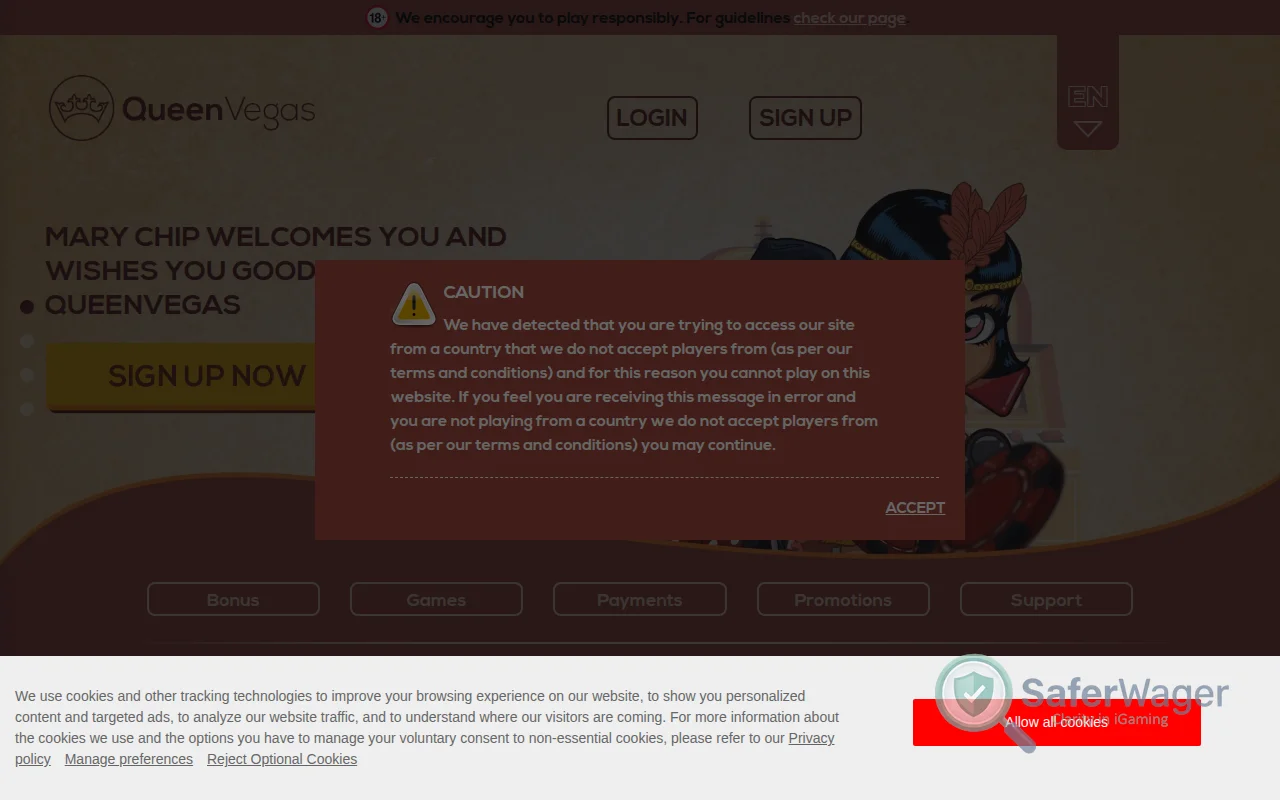 Screenshot of Queen Vegas website