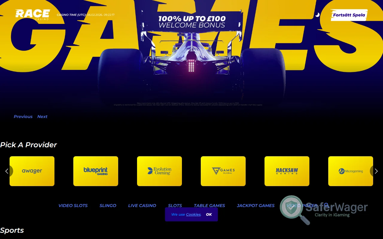 Screenshot of Race Casino website