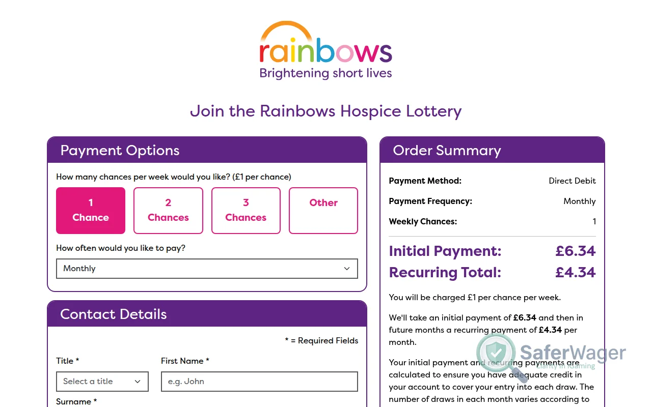 Screenshot of Rainbows Charity Payments website