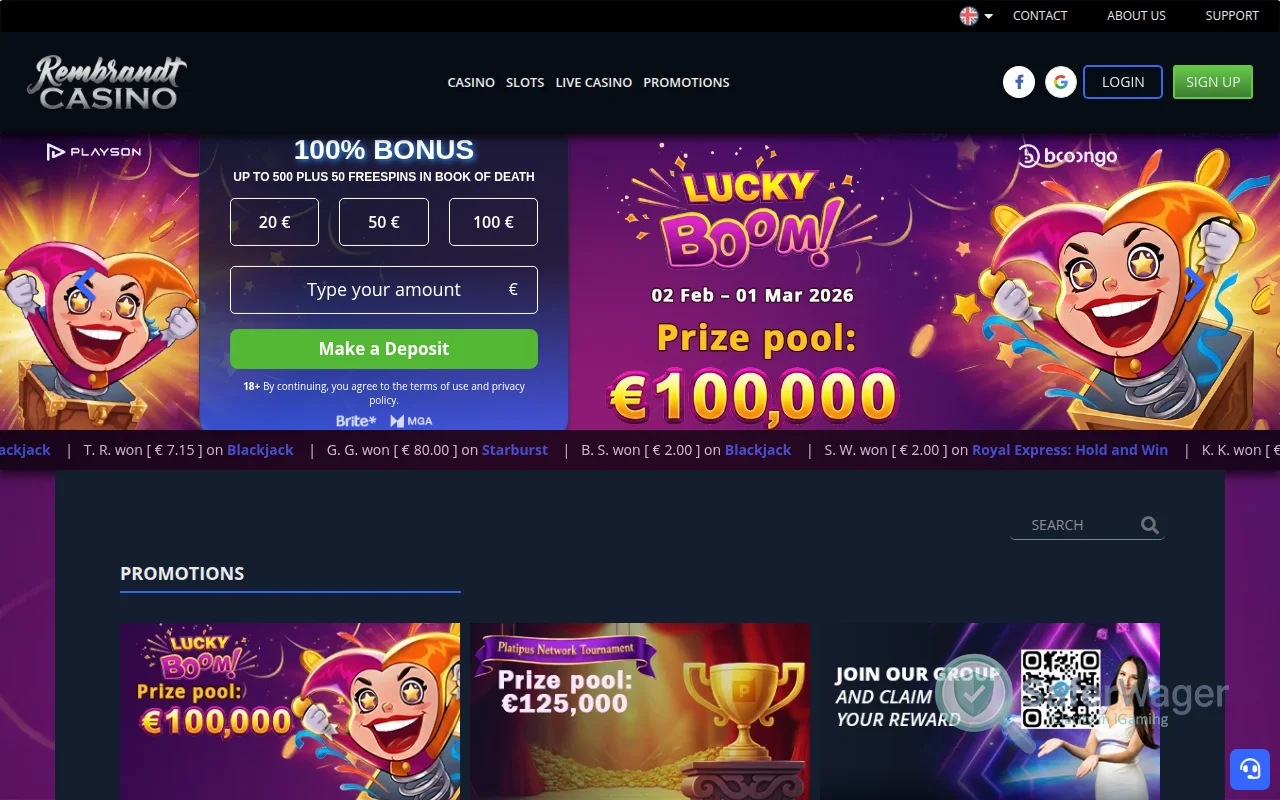 Screenshot of Rembrandt Casino website