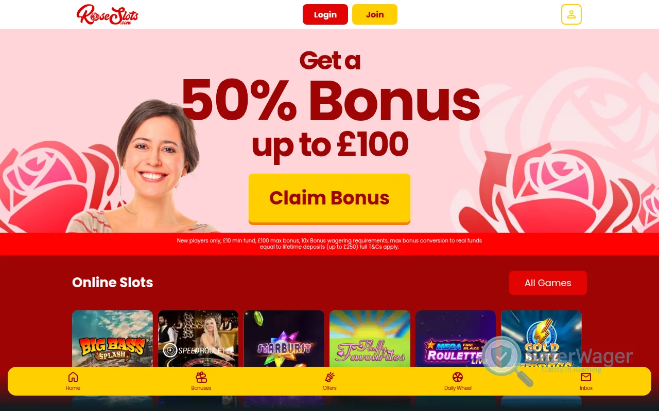 Screenshot of Rose Slots website