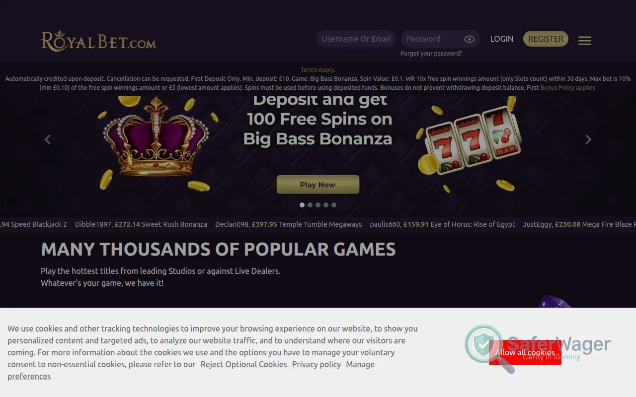 Screenshot of Royal Bet Casino website