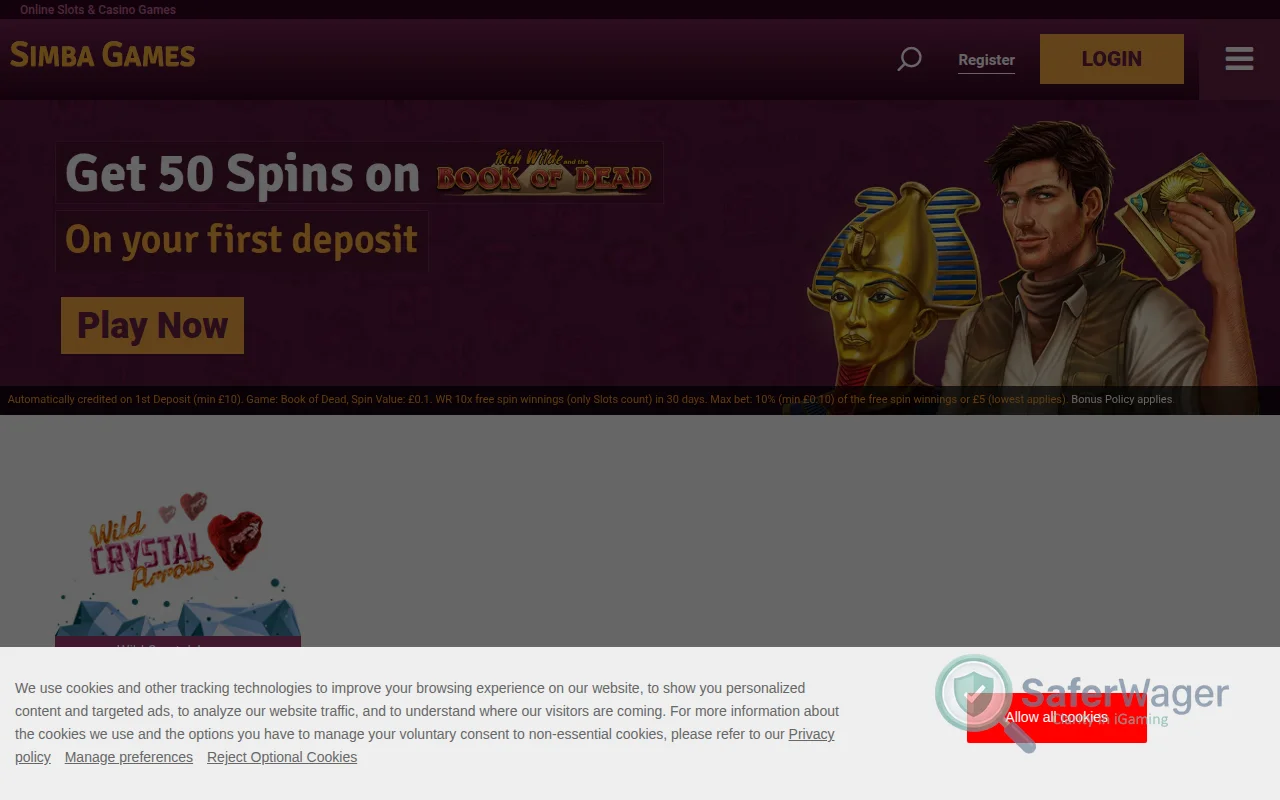 Screenshot of Simba Games Casino website