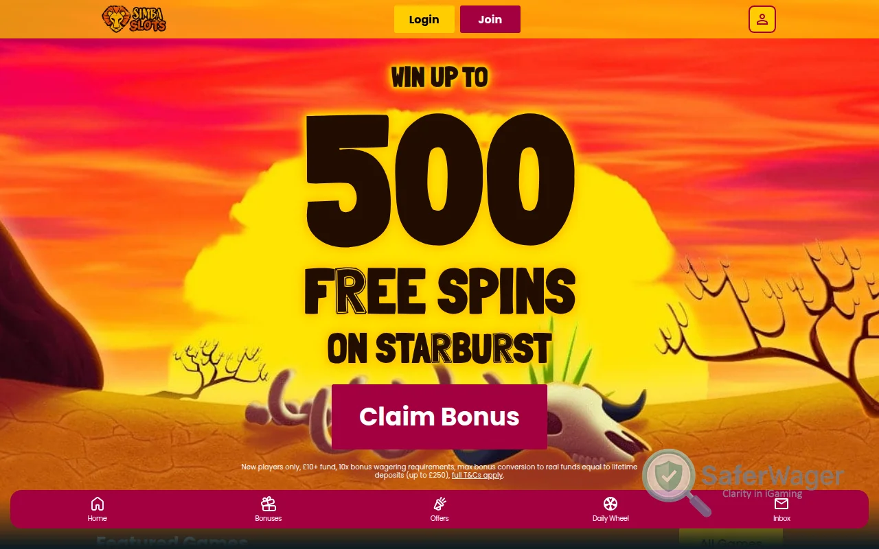 Screenshot of Simba Slots website